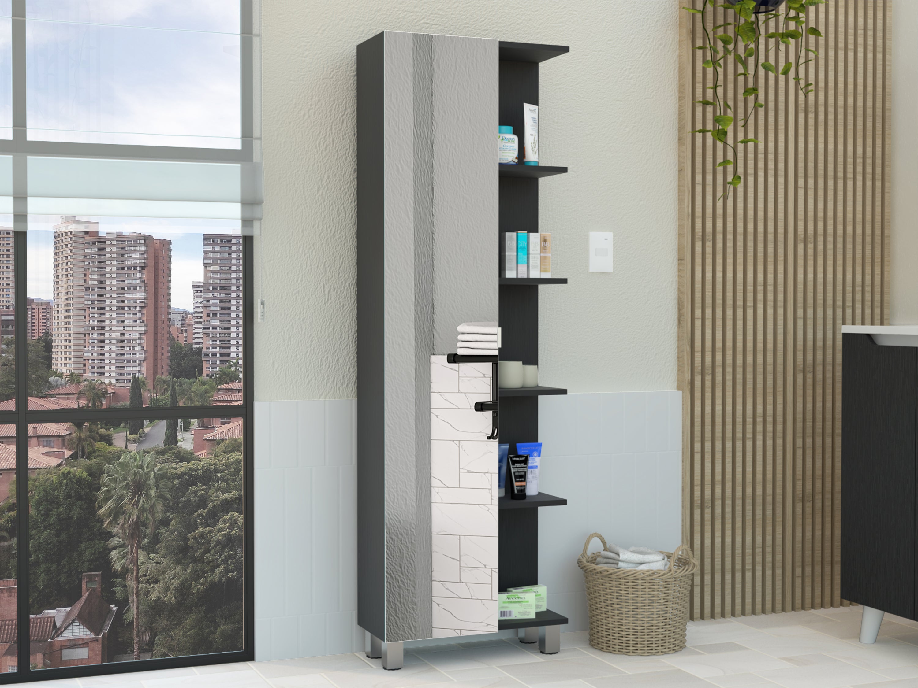 Urano Mirror Linen Cabinet, Four Interior  Shelves, Five External Shelves -Black