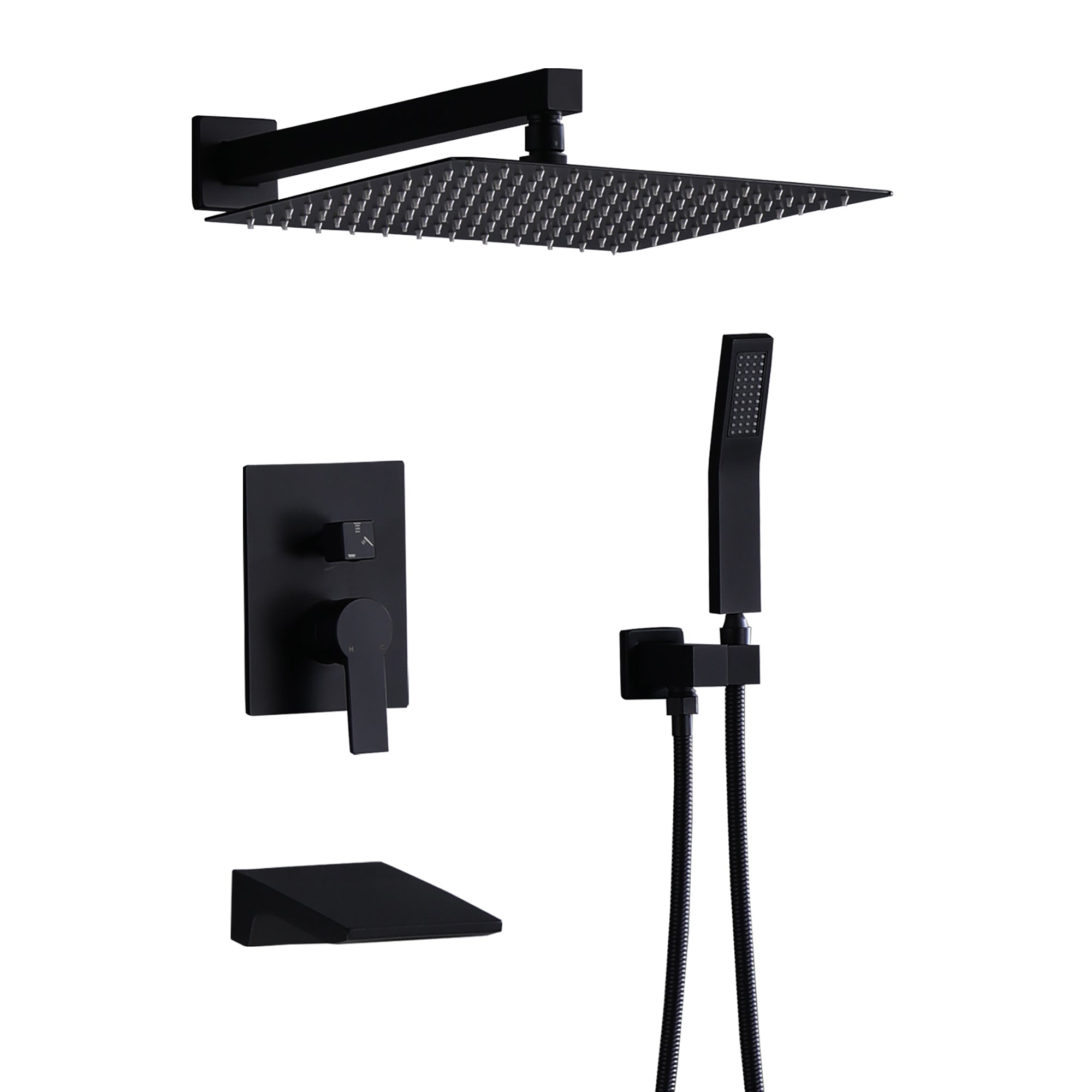 Matte Black All Metal Tub Shower Faucet Set with 12' Rain Shower Head and Handheld Spray Combo, Wall Mounted