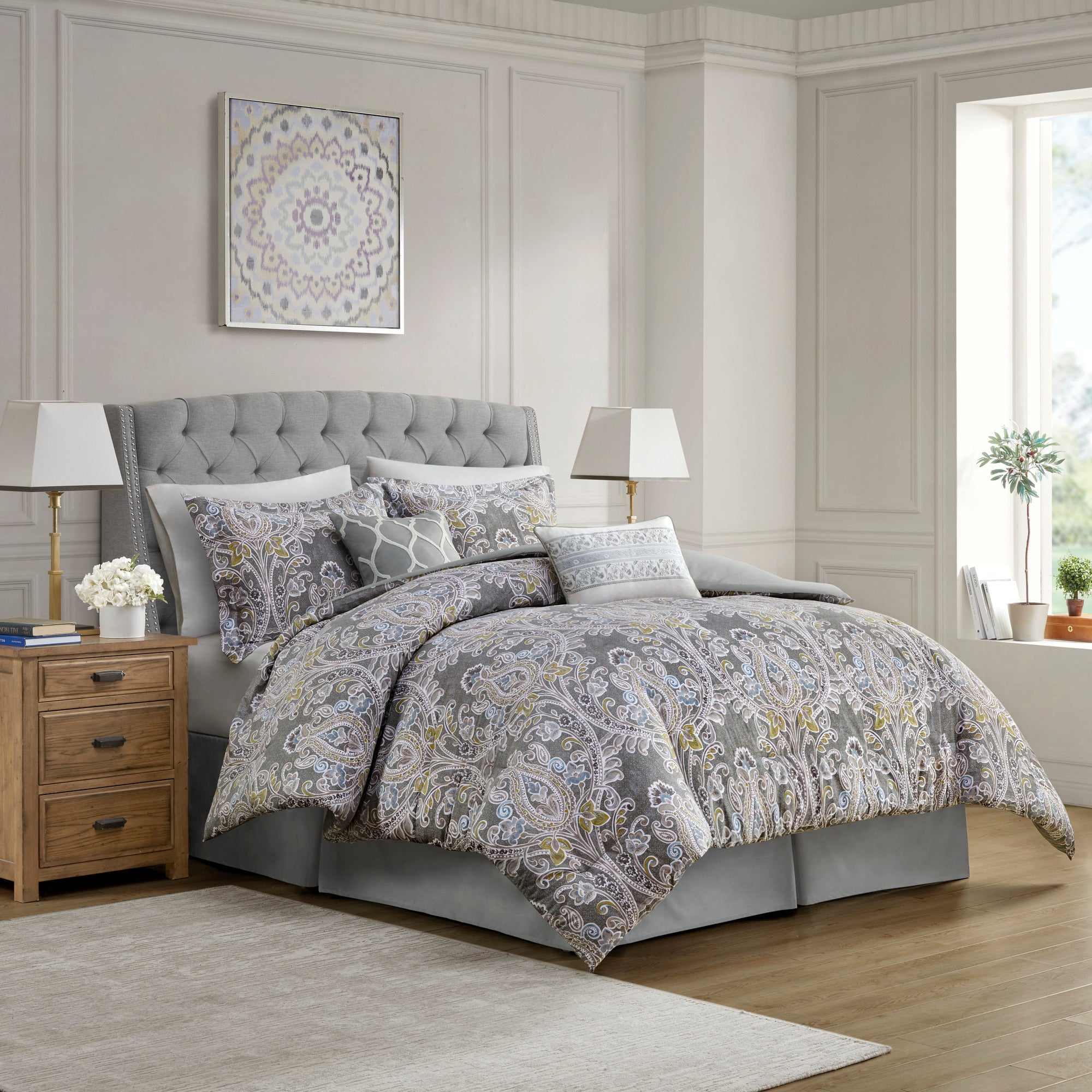 6 Piece Cotton Comforter Set Grey Queen