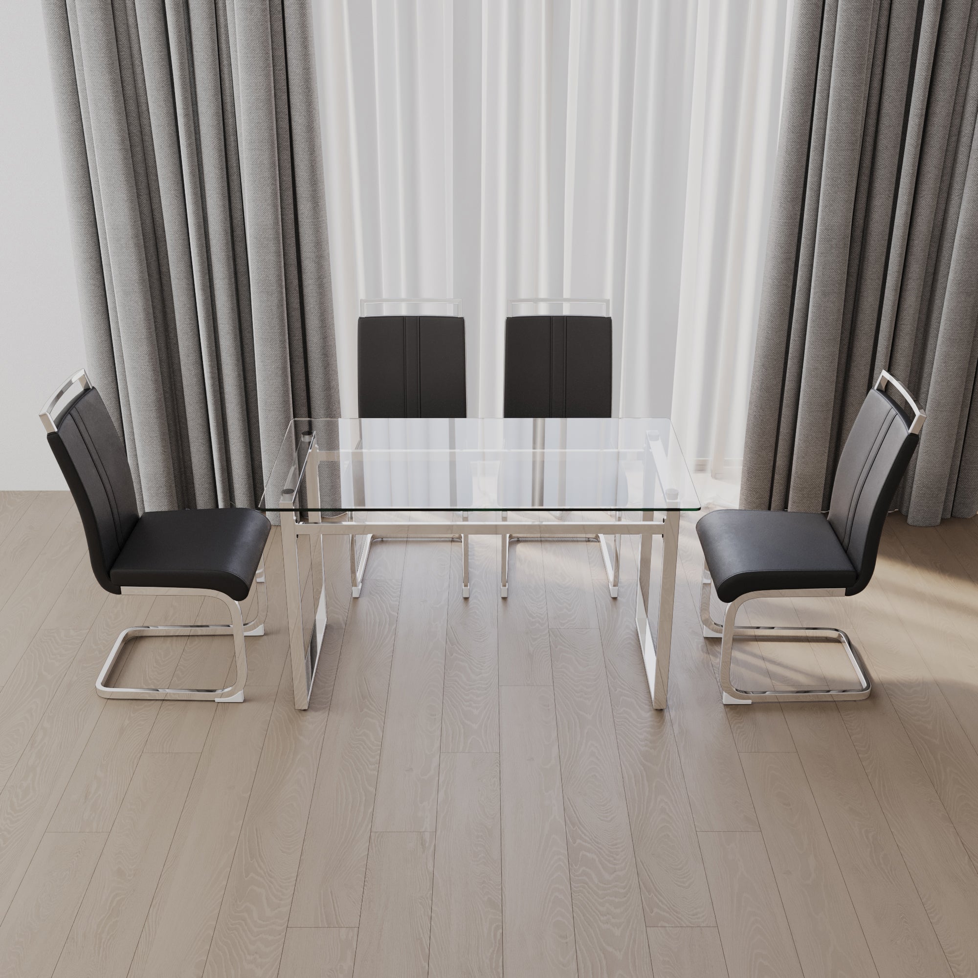 51 inch Glass Dining Table Set for 4, Dining Table & Chair Sets with Silver Plating Legs for Kitchen, Modern Rectangle Tempered Glass Table Top and  PU Dining  armless Chair for Dining Room