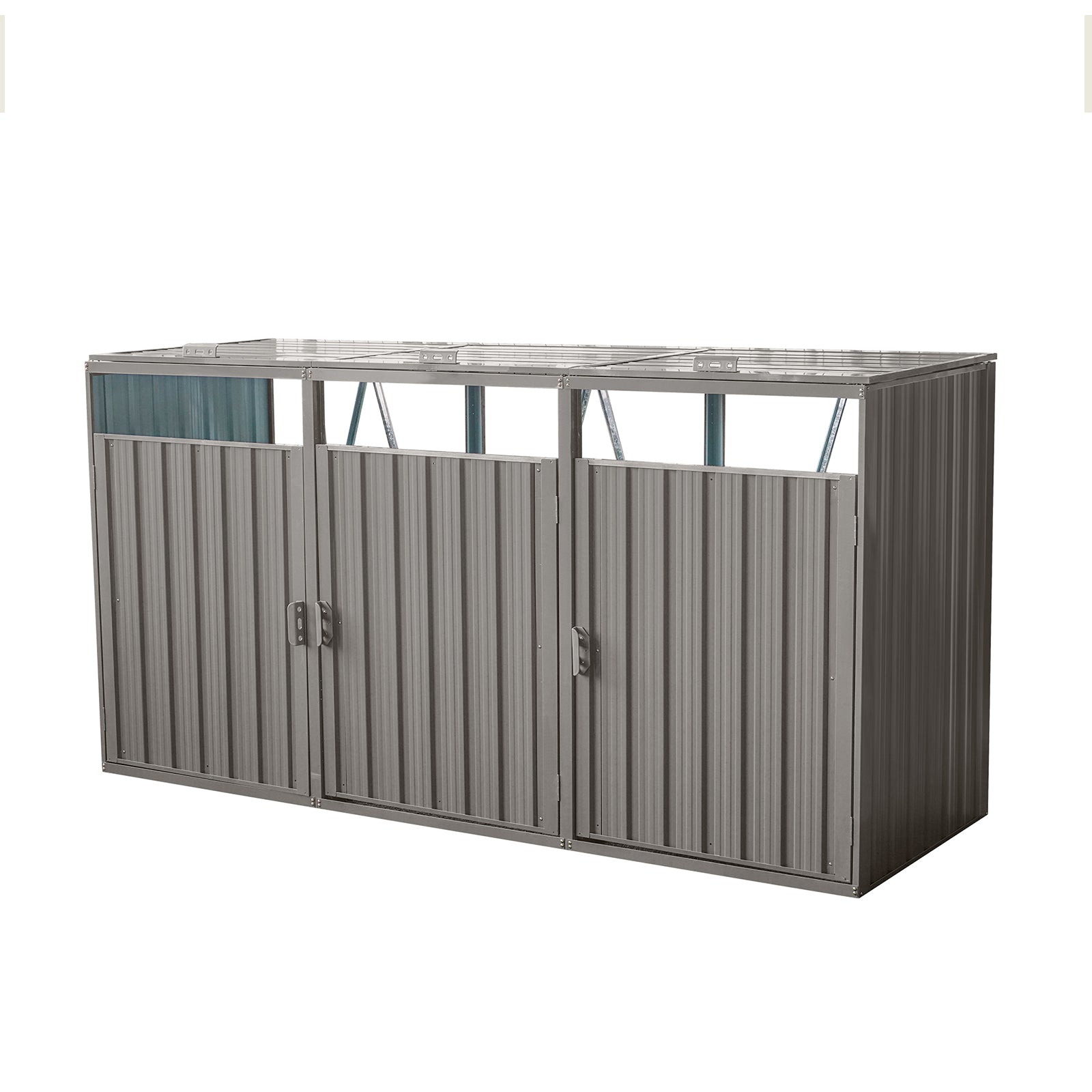 Metal Garbage Bin Shed for Outdoor Storage, Galvanized Steel, Grey, 3 Trash Cans Capacity