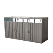 Metal Garbage Bin Shed for Outdoor Storage, Galvanized Steel, Grey, 3 Trash Cans Capacity