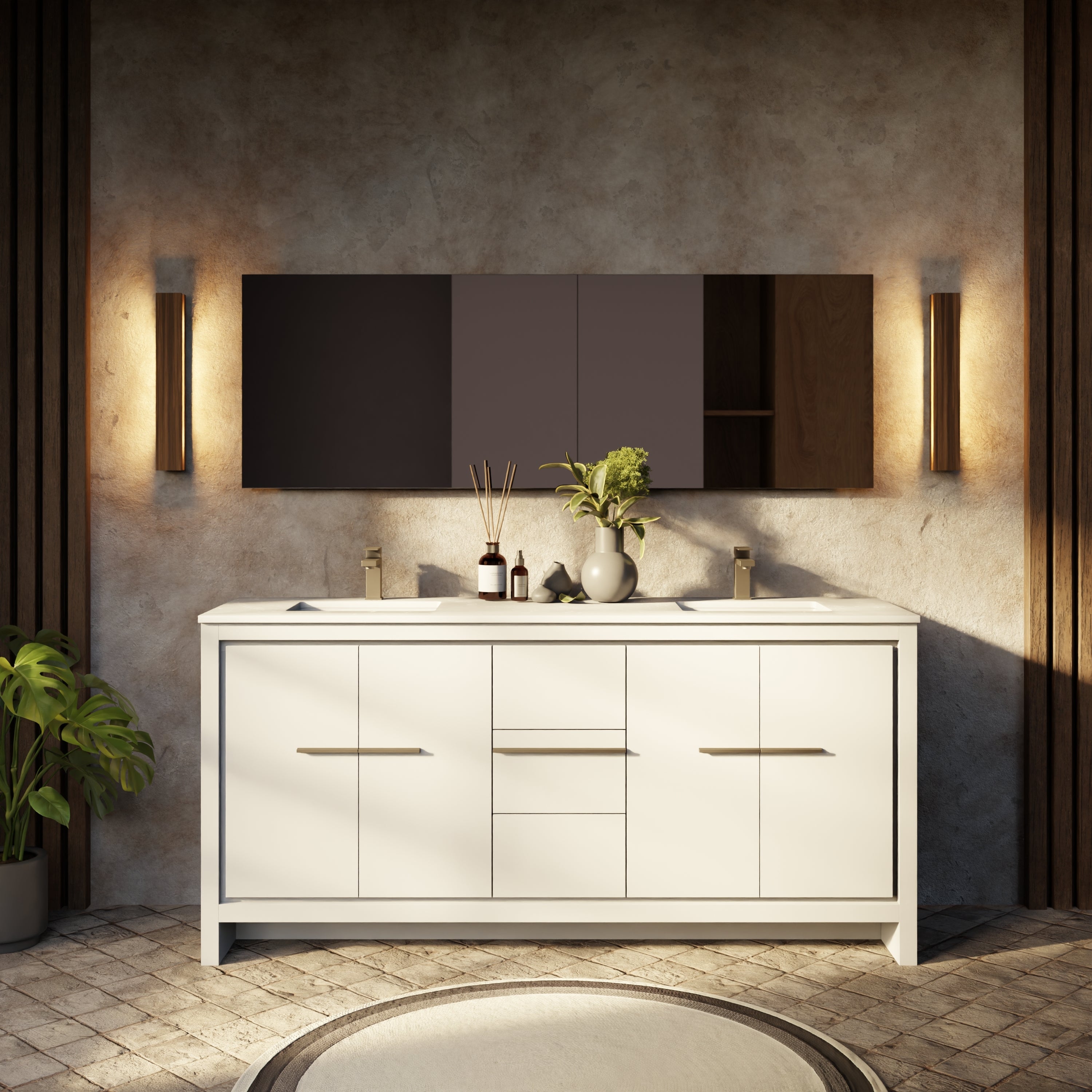 White Double Bath Vanity 72 in. W x 20 in. D, White Quartz Top and Gun Metal Faucet Set