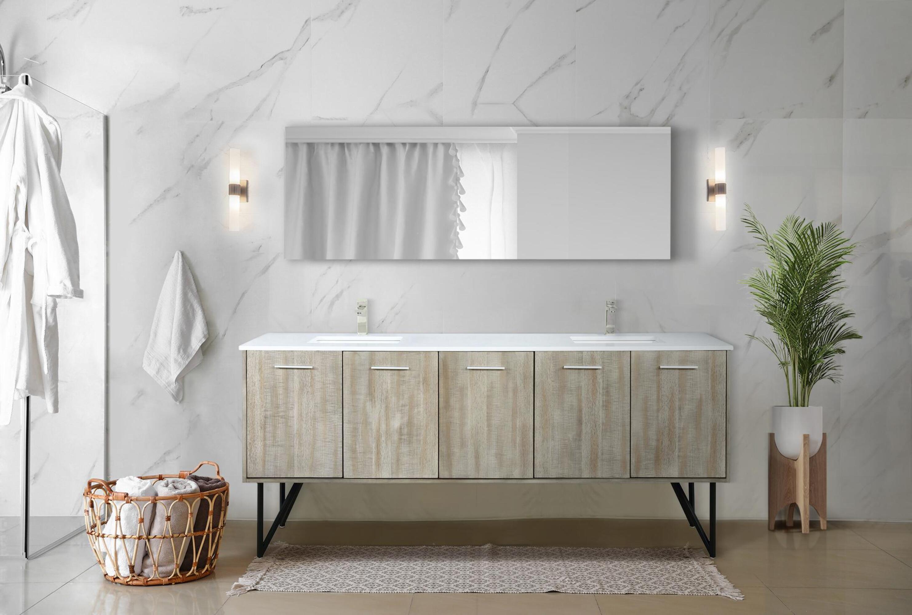 Rustic Acacia Double Bath Vanity 80 in. W x 20 in. D, White Quartz Top and Brushed Nickel Faucet Set