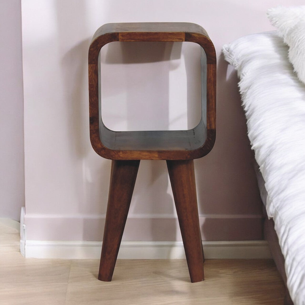 Solid Wood Extra Mini Minimalist Open Curved Chestnut Bedside, Nordic Legs, Dark Brown