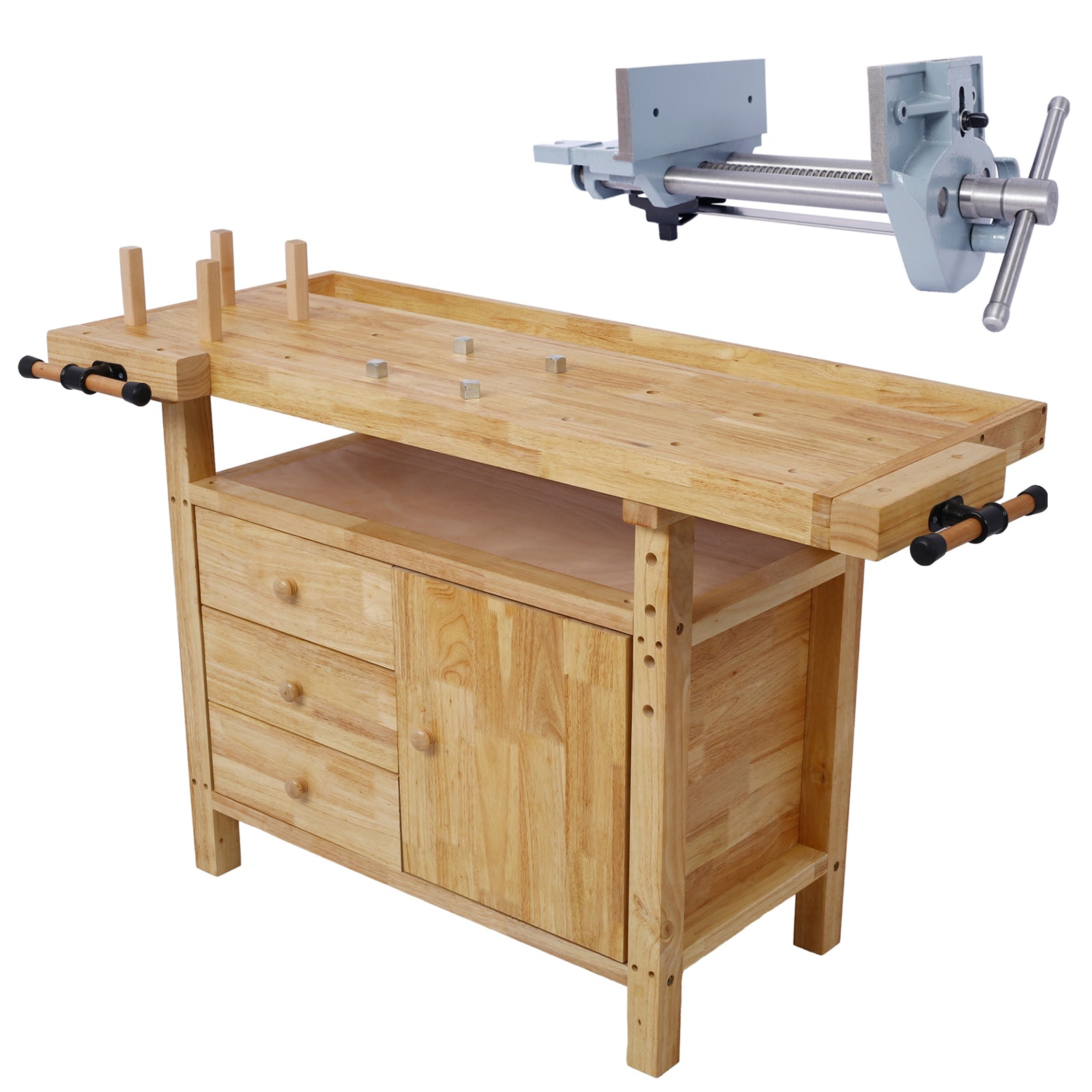 Wood Workbench - Wooden Workbench for Garage Workshop and Home, with Rapid Action Woodworking Vise  7 Inch Jaw Width Made with Heavy-Duty Cast Iron ,GRAY