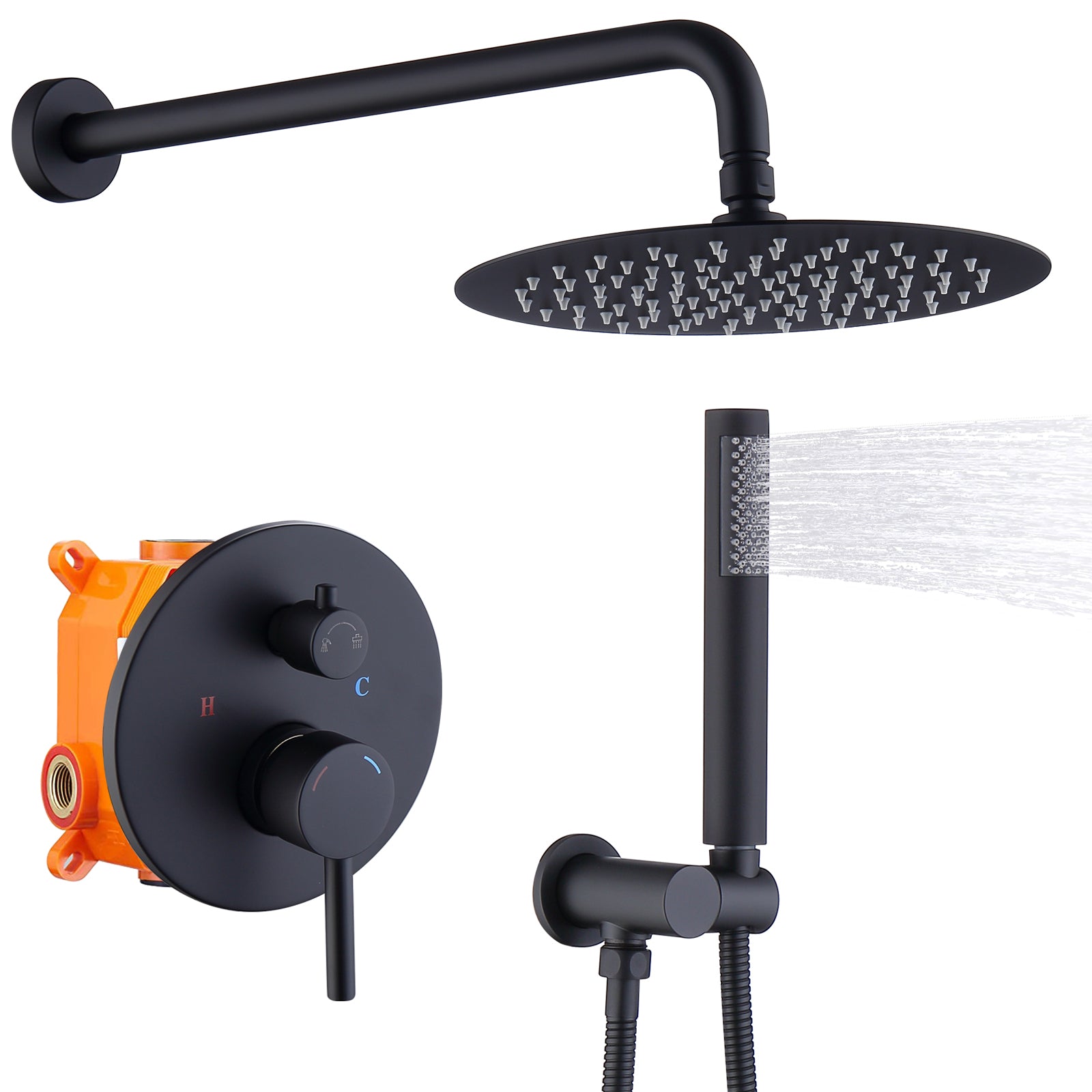 Shower System Shower Faucet Combo Set Wall Mounted with 10' Rainfall Shower Head and handheld shower faucet, Matte Black Finish with Brass Valve Rough-In