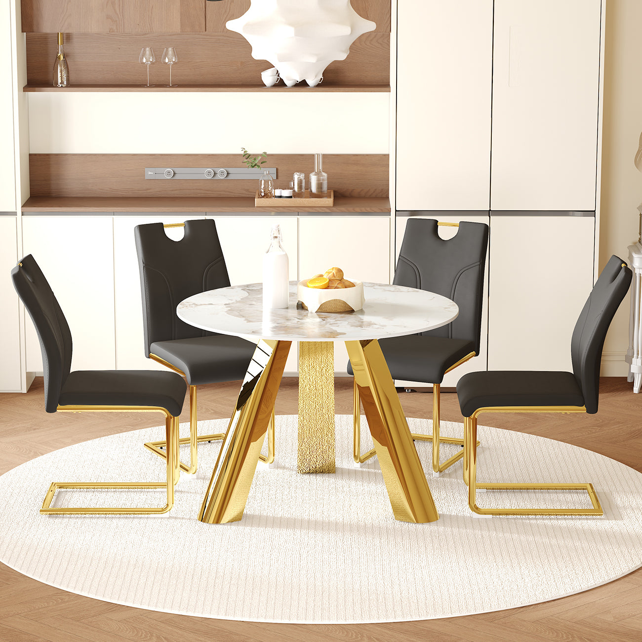 Table and chair set.A 42-inch White Imitation Marble Textured Round table.Paired with 4 Uniquely designed Black Dining Chairs With Golden Metal Leg.Sintered Stone Tabletop.Golden Stainless Steel Leg.
