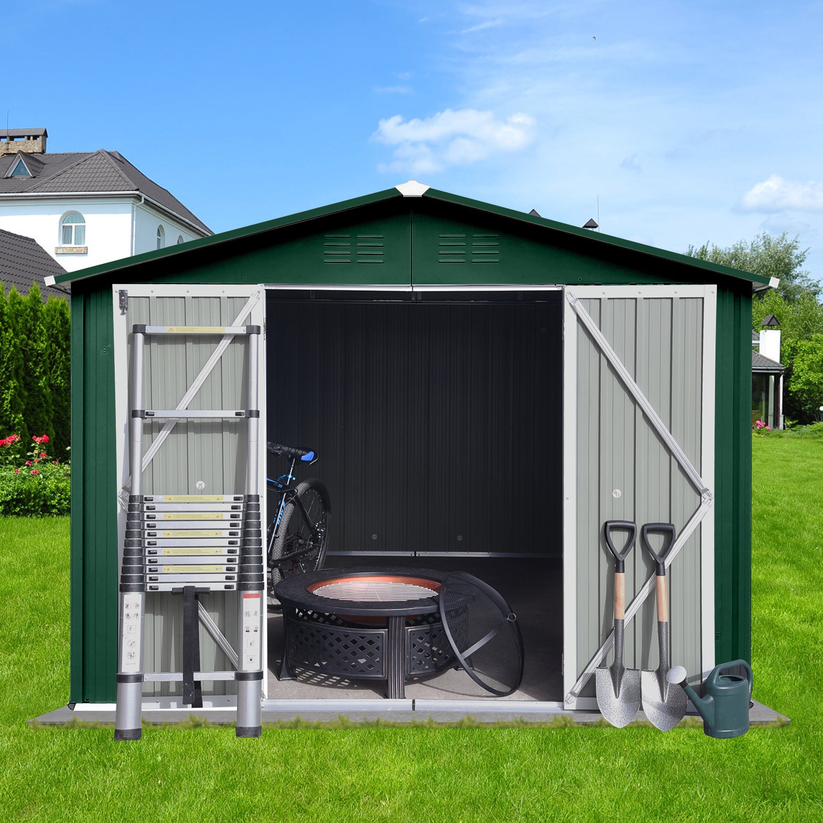 Metal garden sheds 8ft×10ft outdoor storage sheds Green + White