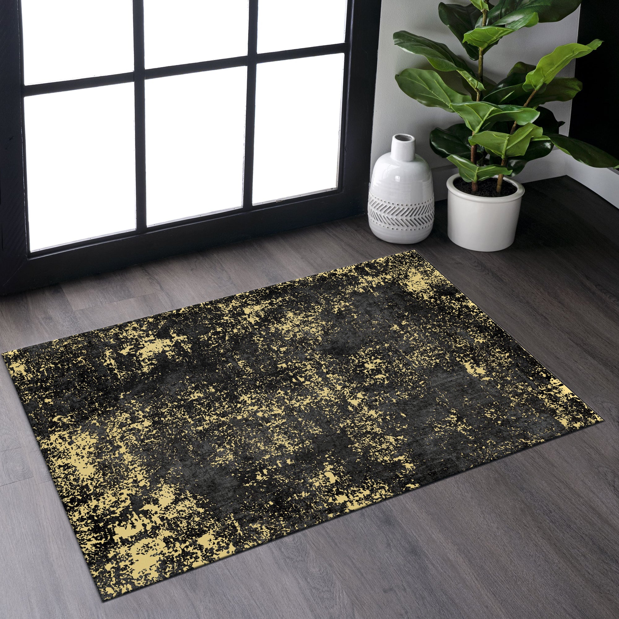 MAVAL Black Washable Rug 2' x 3' Doormat Rug (Black+Gold, 2' x 3')