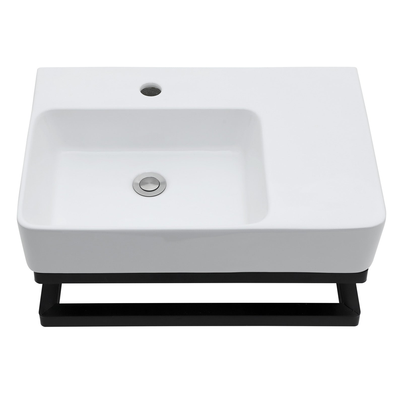 Wall-Mounted Rectangular Ceramic Bathroom Sink with Black Towel Bar and Faucet Hole, White, 23.25' x 16.5'