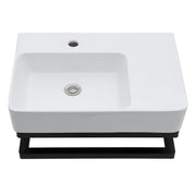 Wall-Mounted Rectangular Ceramic Bathroom Sink with Black Towel Bar and Faucet Hole, White, 23.25' x 16.5'