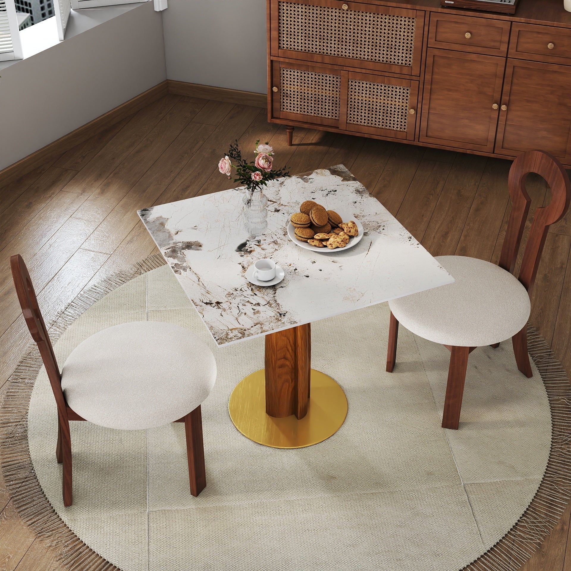 Modern Square Dining Table, 33.5' Sintered Stone Table with Wooden Leg & Gold Base, 2 - Person Kitchen Table for Small Space, 150lbs Weight Capacity(Only the Negotiation Table)