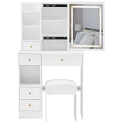 29.2' Small Size Left Drawer Desktop Vanity Table + Cushioned Stool, Large Sliding, Touch Control, Tri-color Switching, Brightness Adjust LED Mirror, High Capacity Storage, Suitable for Small Space