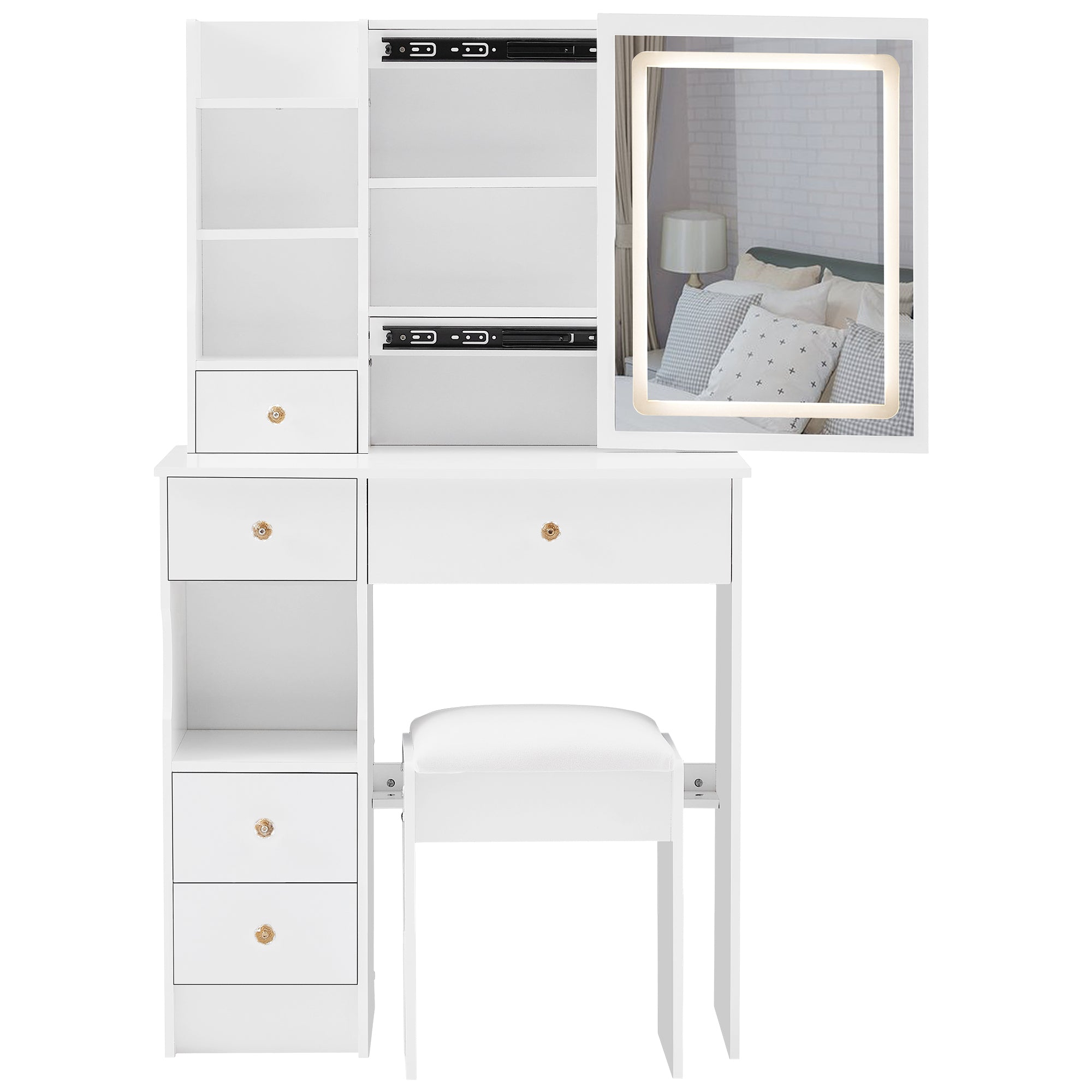 29.2' Small Size Left Drawer Desktop Vanity Table + Cushioned Stool, Large Sliding, Touch Control, Tri-color Switching, Brightness Adjust LED Mirror, High Capacity Storage, Suitable for Small Space