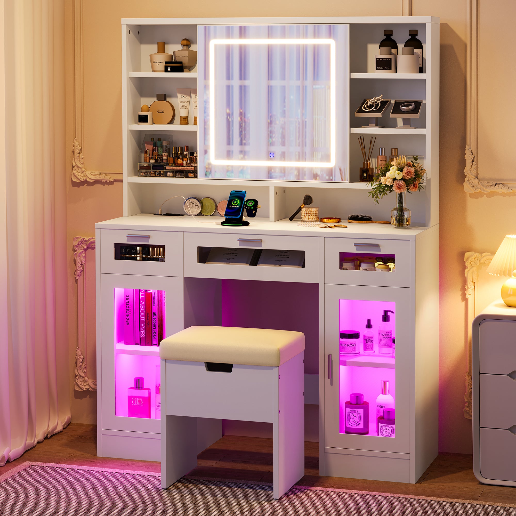 41.3' Makeup Vanity with Sliding Mirror and LED Lights, Dressing Table with  Storage Stool, 3 Drawers and 2 RGB Cabinets, Vanity Desk with Open Shelves and Charging Station, White