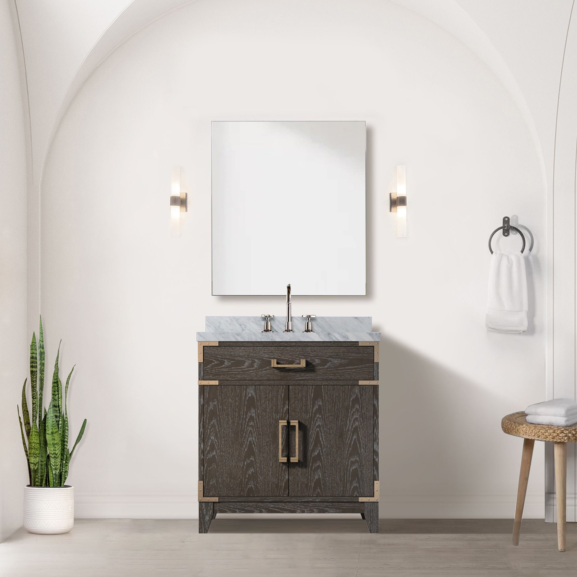 Brown Oak Single Bath Vanity 30 in. W x 22 in. D, with Carrara Marble Top