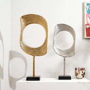 Gold & Nickel Aluminum Ring Sculptures with Black Base – Set of 2 (23' & 21' H)