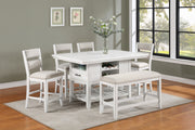 6-Piece Counter Height Dining Set White Rectangular Table Wine Bottle Storage Upholstery Chairs Open Shelf Storage Drawer Wooden Solid Wood Furniture