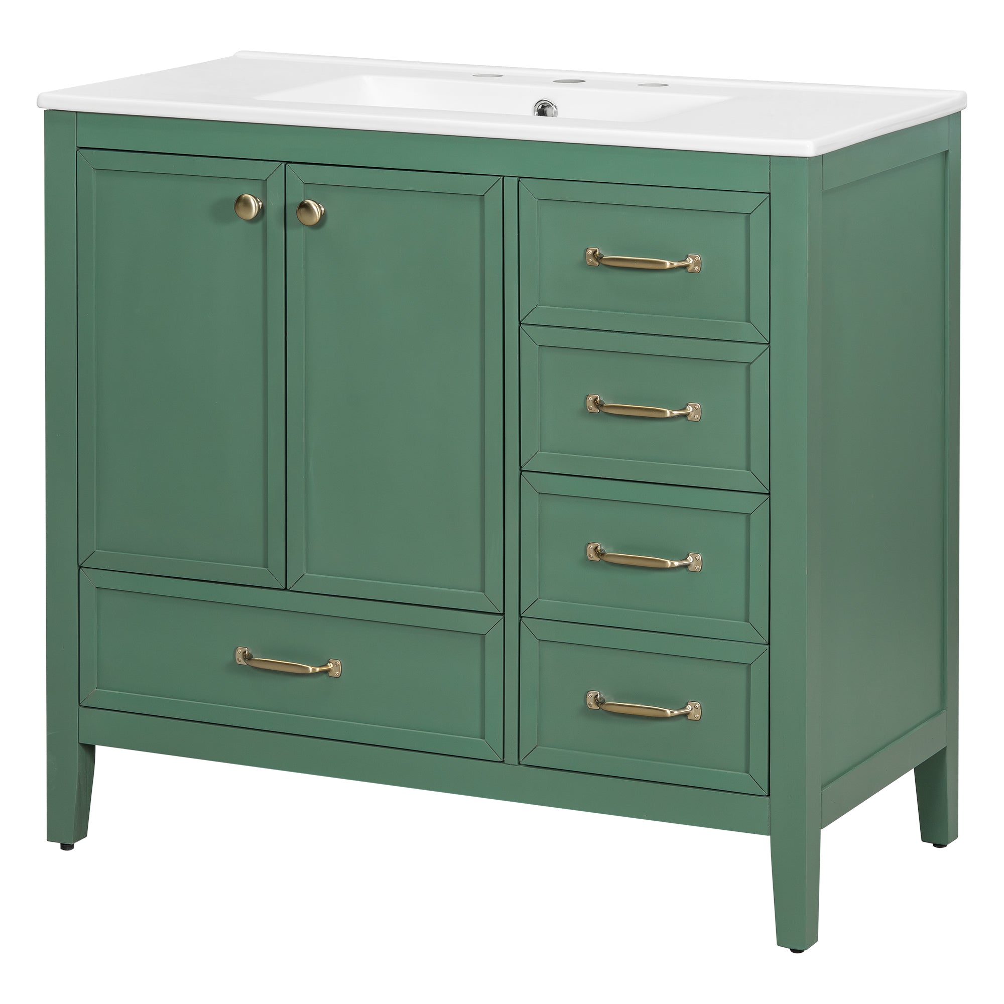 Elegant Vintage 36' Bathroom Vanity with Sink and Soft-Closing Door, 4 Drawers of Different Sizes, Solid Wood Frame, Green