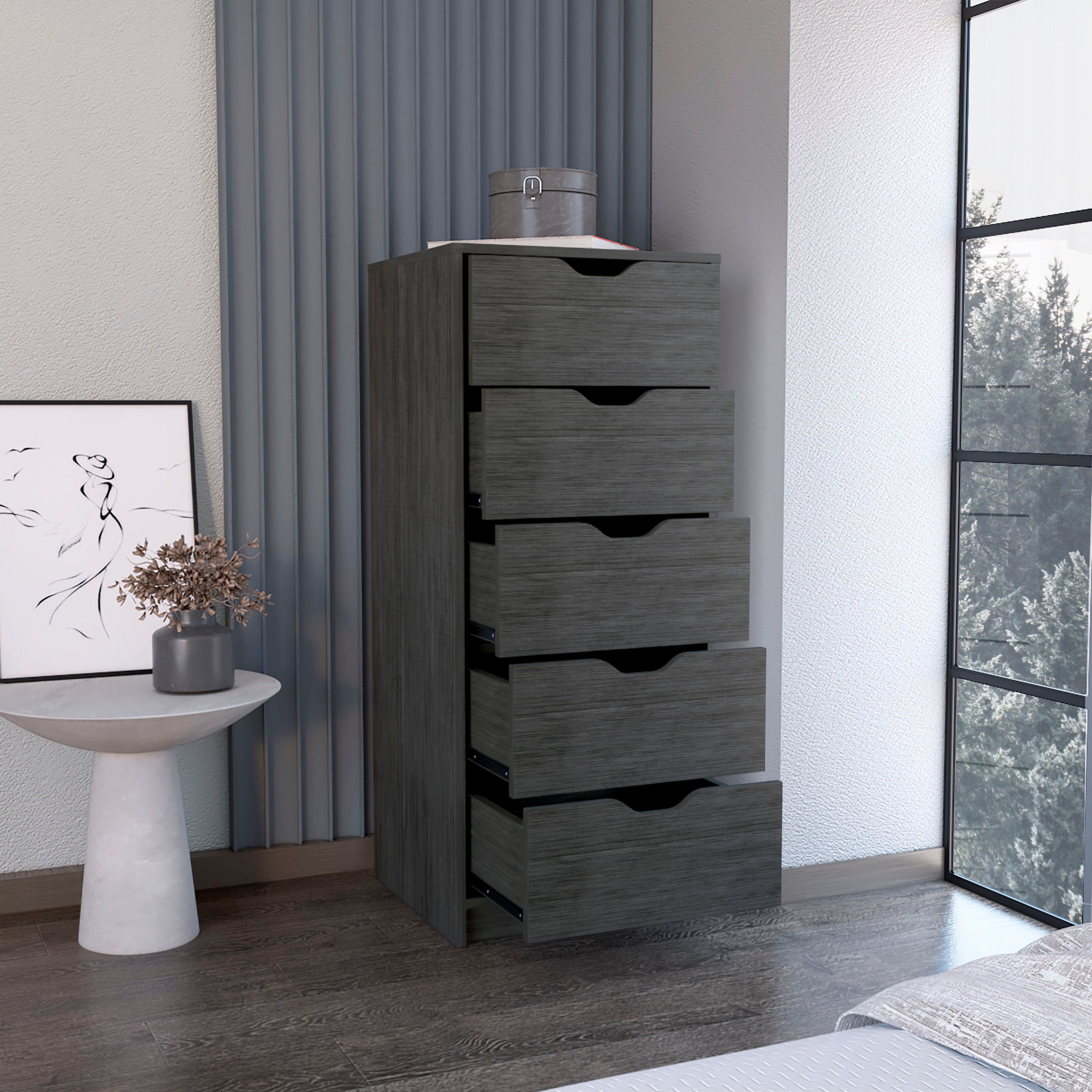 Dresser 42H' 5 Drawers Narrow Dresser, Slim Storage Chest of Drawers, Bedroom, Smokey Oak
