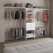 Plego 69'W - 118'W Drawers Closet System, Five Shelves, Four Hanging Rods, Three Drawers White