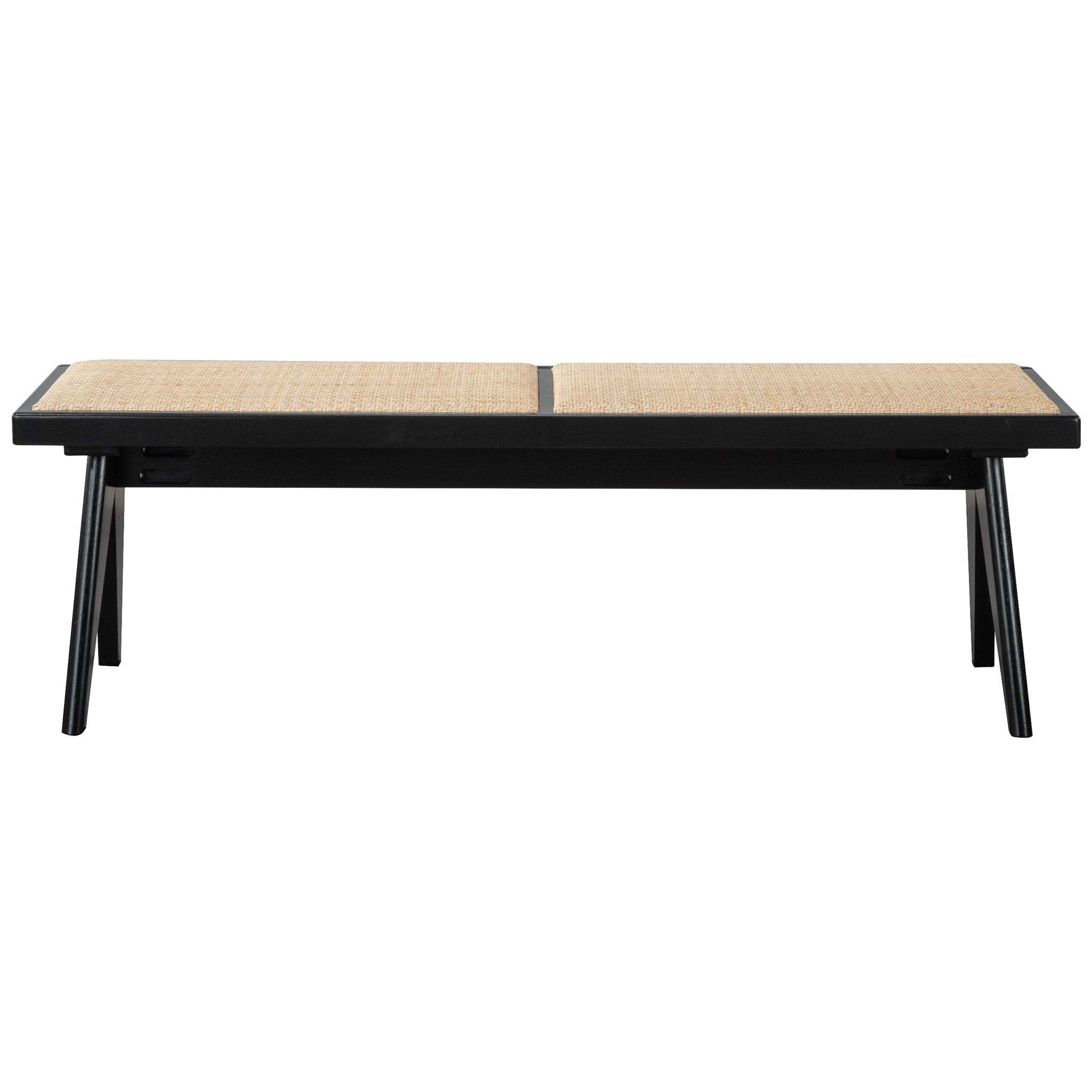 Keira Bench with Natural Rattan Upholstery and Black Solid Wood Legs, 51.2' Wide for Living Room, Entryway, Dining Room