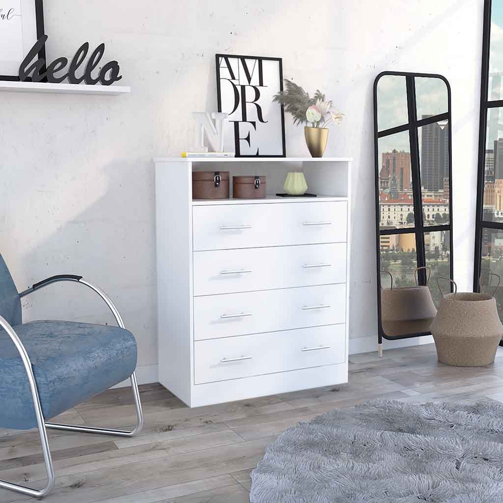 Four Drawer Dresser, Superior Top, One Open Shelf, White