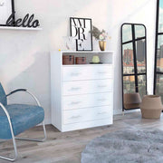 Four Drawer Dresser, Superior Top, One Open Shelf, White