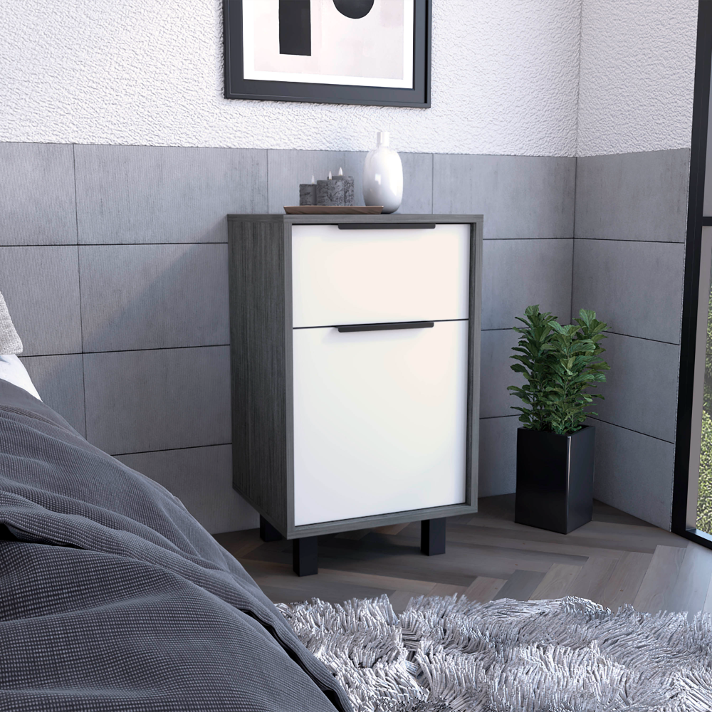 Nightstand 27' H, One Drawer, Storage with Door, Four Legs, Smokey Oak / White