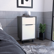 Nightstand 27' H, One Drawer, Storage with Door, Four Legs, Smokey Oak / White