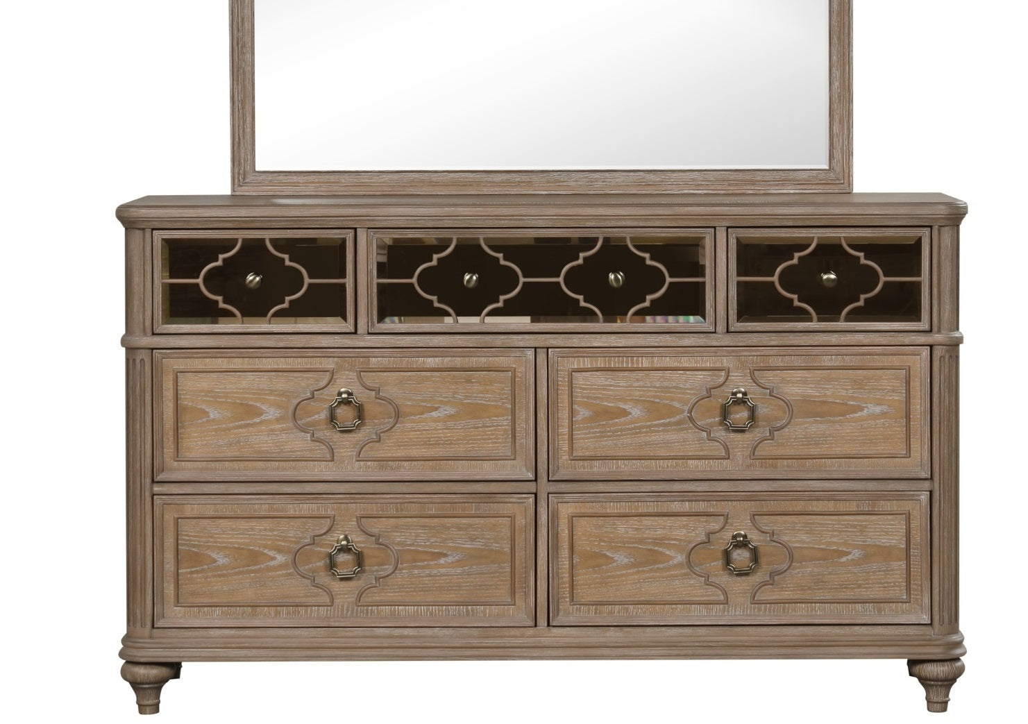 Simple Contemporary 1pc Dresser Rustic Oak Veneer Solid wood English Back Dovetail Drawers Bedroom Furniture Front Mirror Panel