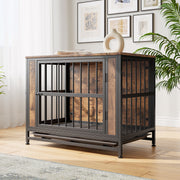 Dog Crate Furniture,  Wooden Dog Crate Table, 32.8' Dog Kennel with 2 Sliding Doors and Thick Iron Door Frame, Decorative Pet Crate House for Medium/Small Dog Indoor Use(Rustic Brown)
