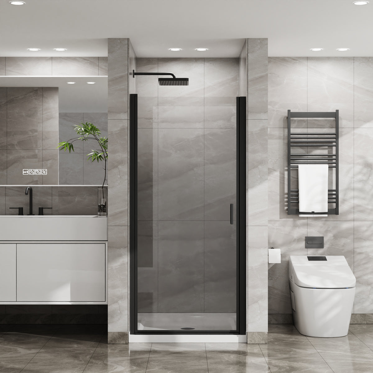 Goodyo 34'x 72' Pivot Shower Door Combo w/ 35.4' White Acrylic Shower Base, Black Aluminum Finish, Semi-Frameless Tempered Clear Glass Design