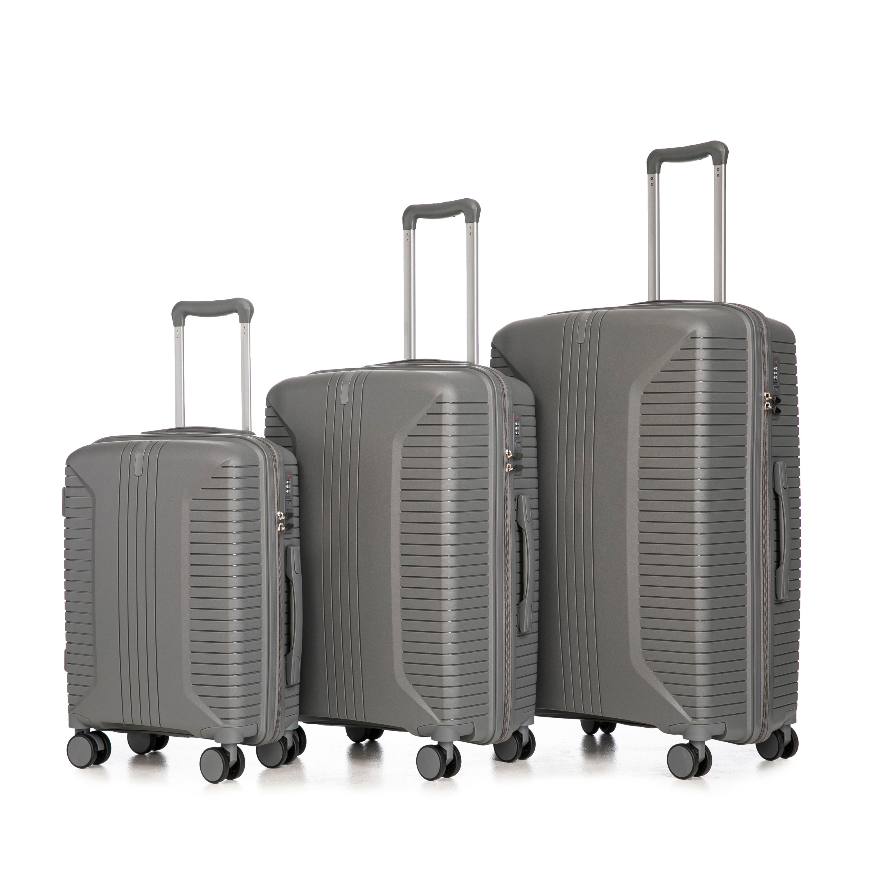 20'/24'/28' 3 pcs/set in PP Spinner Wheel Luggage, Carry on Suitcase, Matching Color, Combination Lock (Silver grey)