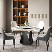 53' Round Marble Dining Table with Black Iron Metal Base, Artificial Marble for 6 People, 23.62'White Artificial Stone Turntable,White (Dining Table Only)