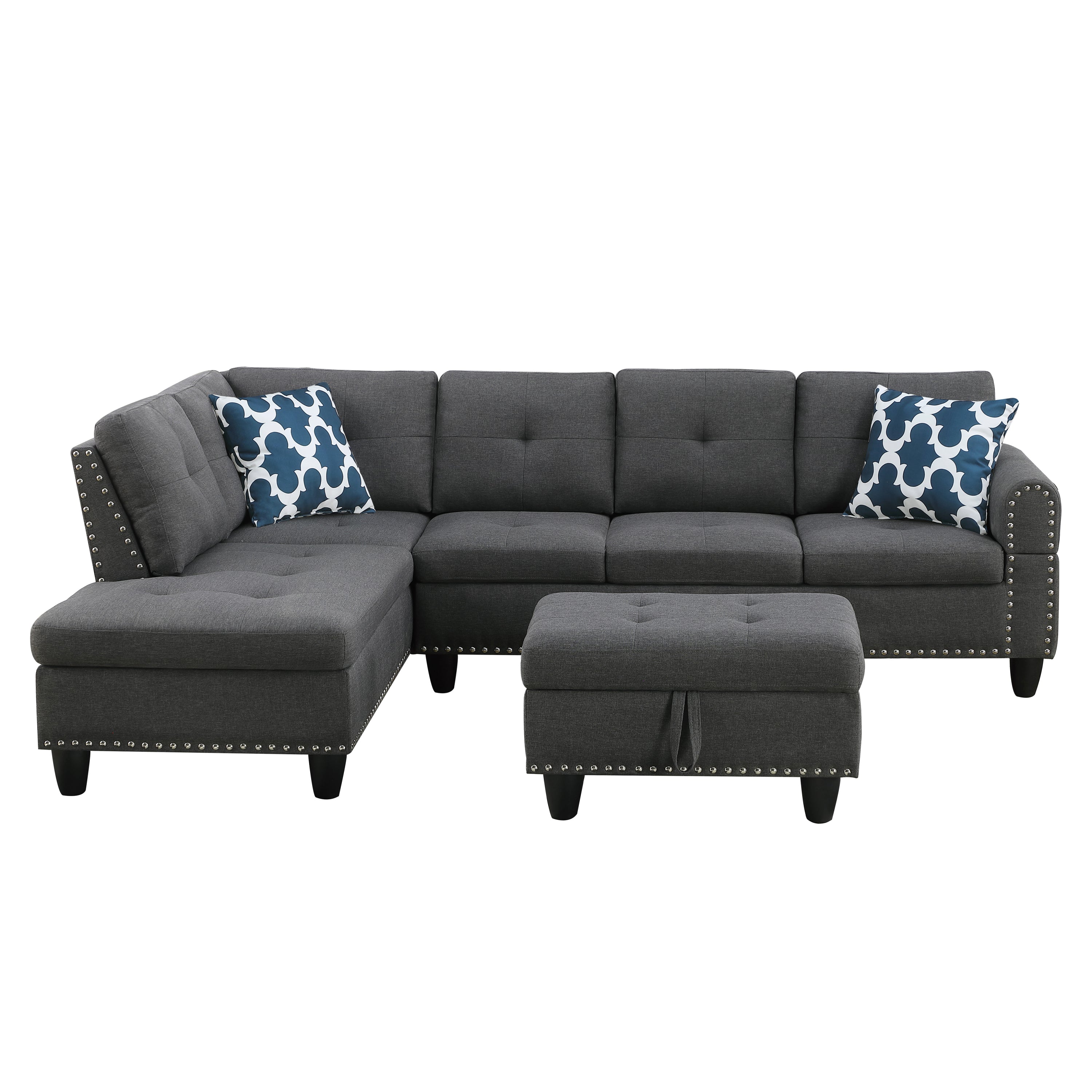 Alger Modern 98' Wide Left Hand Facing Sofa & Chaise with Ottoman in Dark Gray Linen