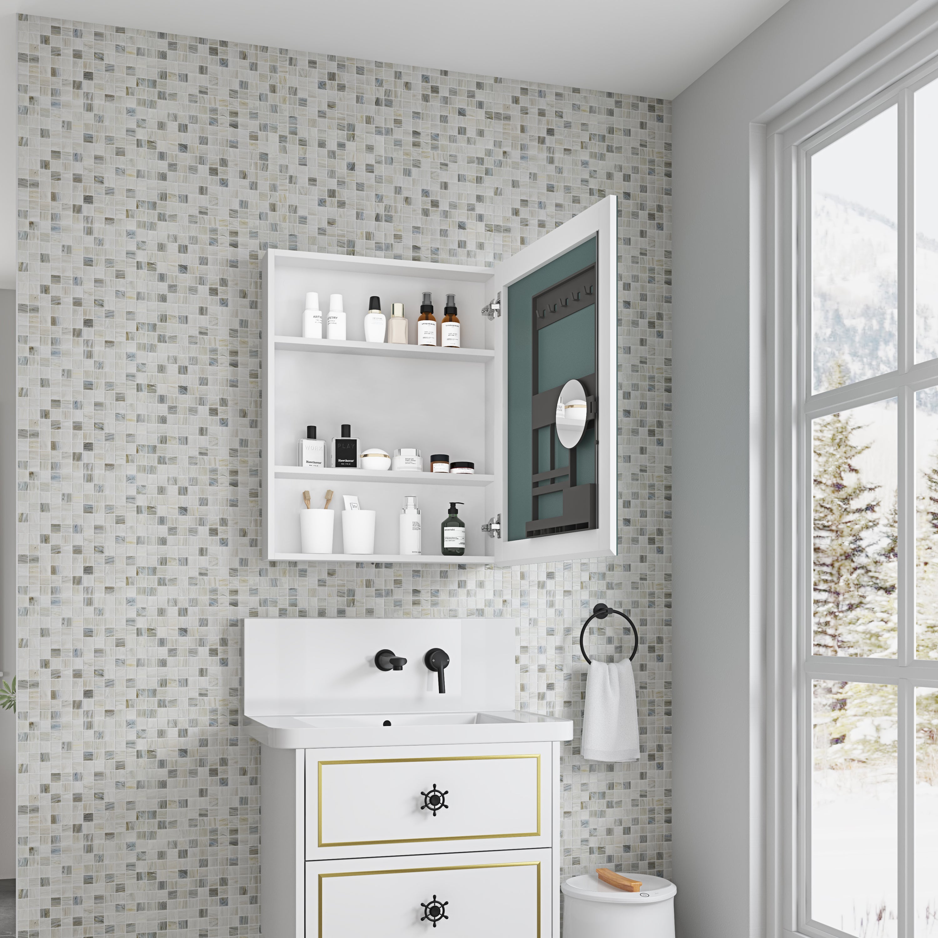 24'' W x 30'' H Bathroom Mirror Medicine Cabinet - Wooden Door Medicine Cabinets for Bathroom, Wall Mounted Recessed or Surface, Bathroom Mirror with Storage, Right opening door