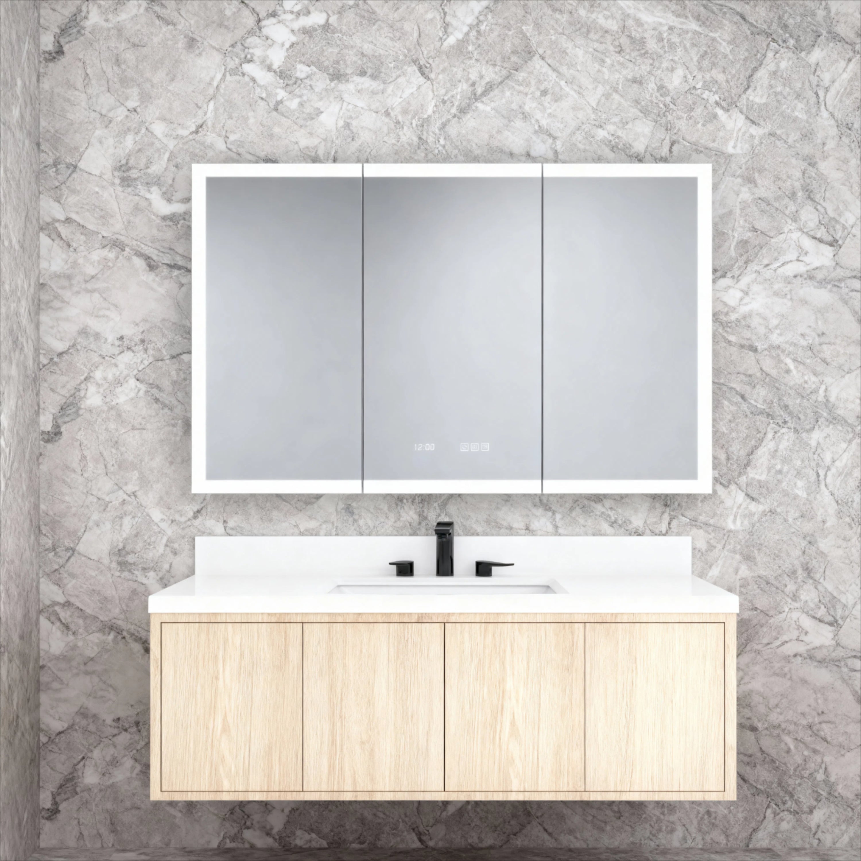 48 in. W x 30 in. H Rectangular Silver Aluminum Recessed/Surface Mount Medicine Cabinet with Mirror LED and Clock