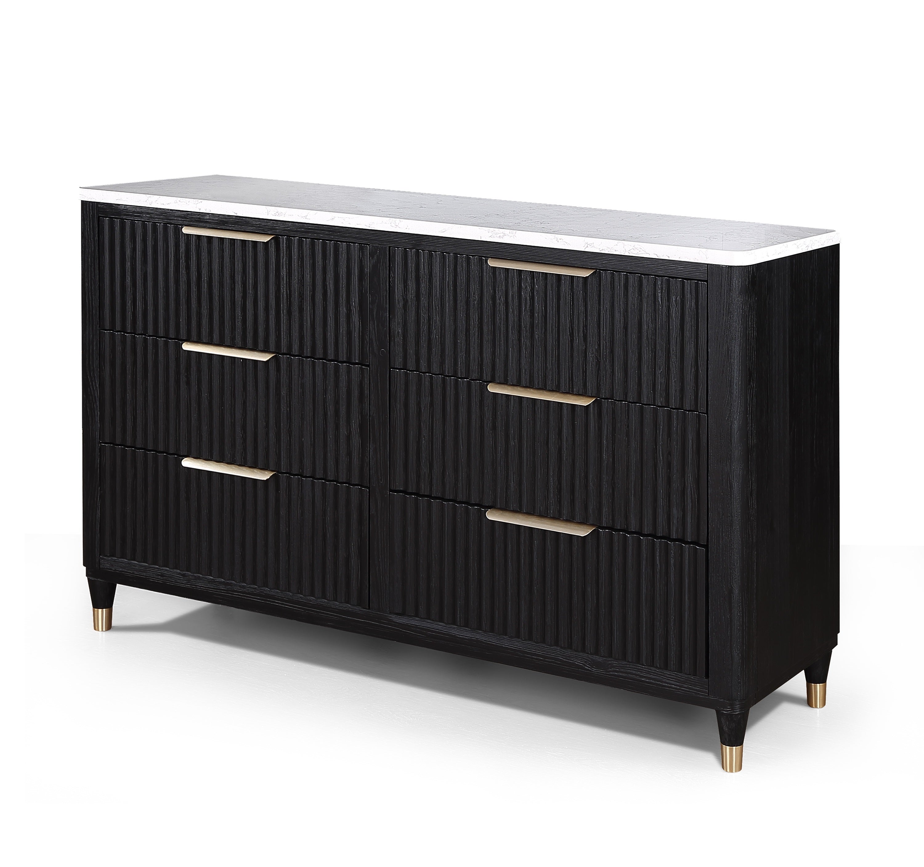 Modern Aesthetic Black Finish Ample Storage Space Six Drawers 1pc Dresser Engineered Stone Top Fully Extension Glide Brass-accented Hardware