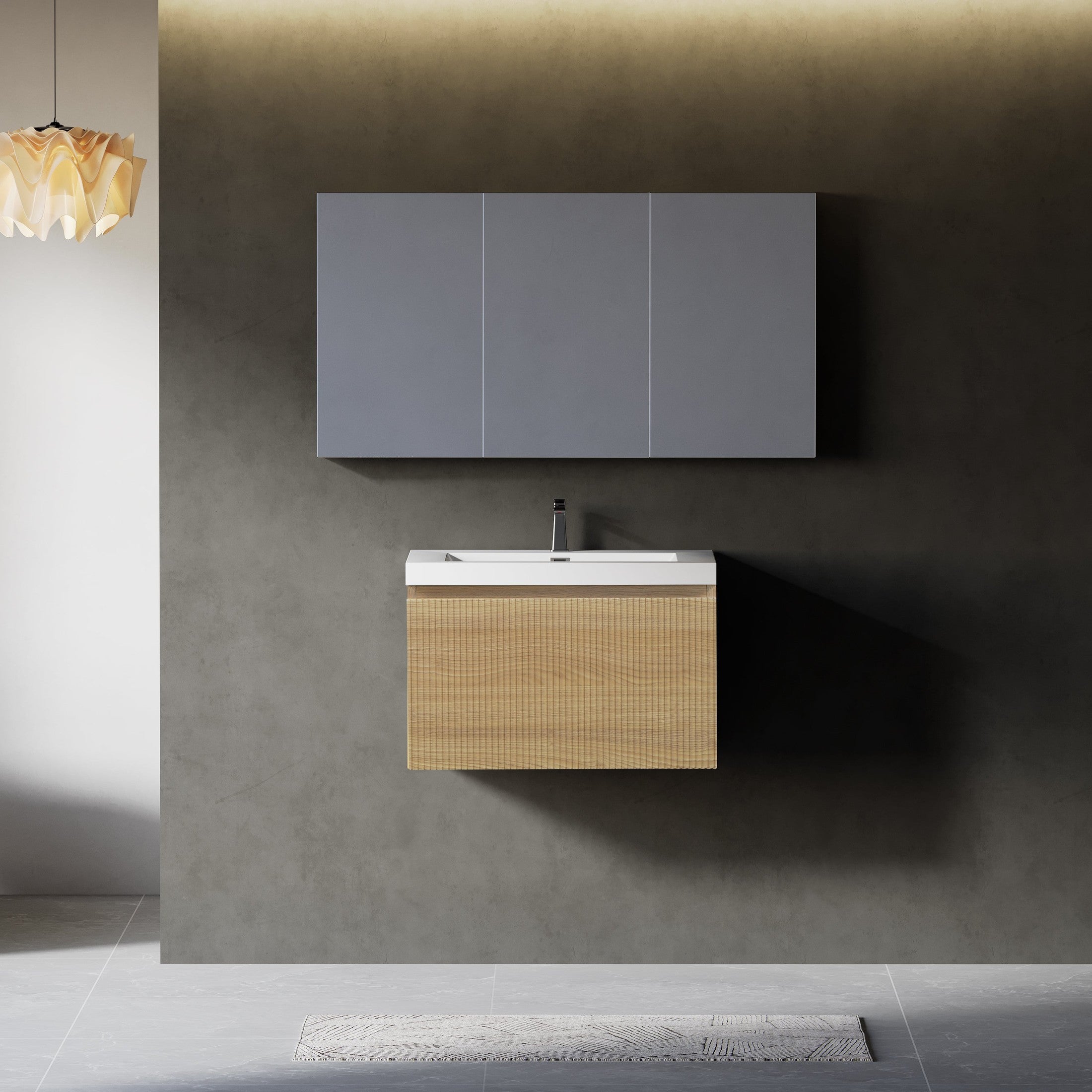 24'' Floating Bathroom Vanity with Sink Combo, Modern Wall-Mounted Striped Bathroom Storage Cabinet with Soft-Close Drawer and Glossy White Solid Surface Basin, Natural Oak 24V16-24NOW