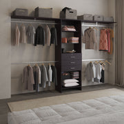 Plego 69'W - 118'W Drawers Closet System, Five Shelves, Four Hanging Rods, Three Drawers Black Wengue
