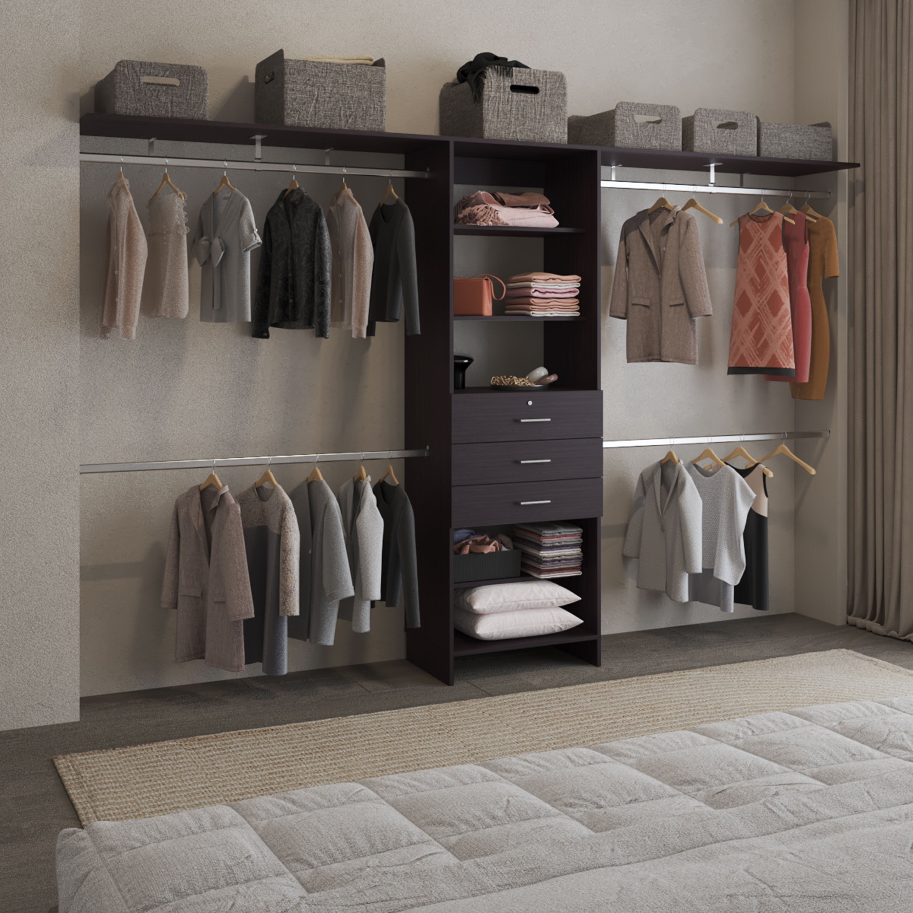 Plego 69'W - 118'W Drawers Closet System, Five Shelves, Four Hanging Rods, Three Drawers Black Wengue