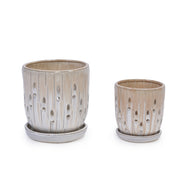 Set of 2 Striped Ceramic Flowerpot with Drainage Hole, 8' Modern Planter for Patio, Garden, Windowsill - Brown