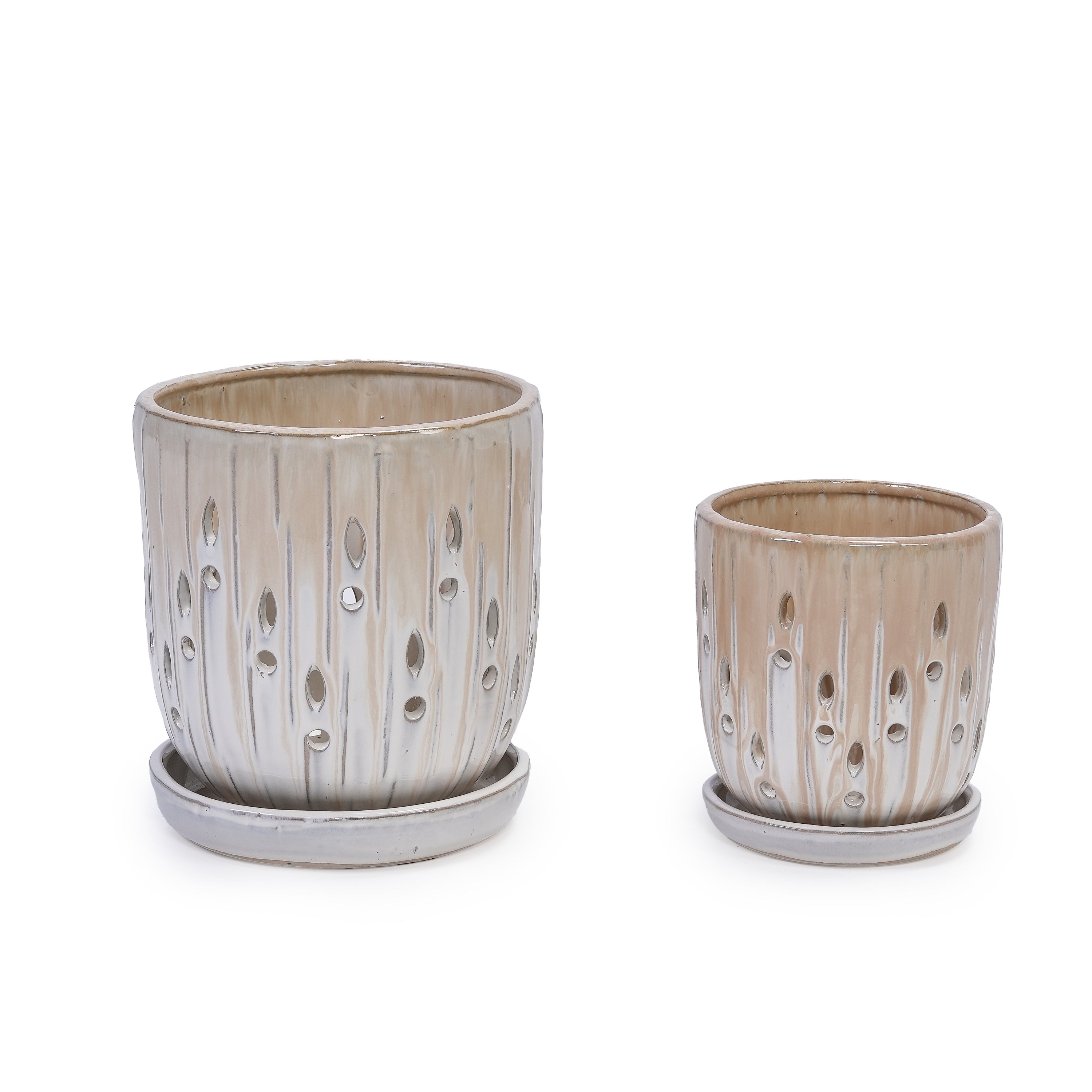Set of 2 Striped Ceramic Flowerpot with Drainage Hole, 8' Modern Planter for Patio, Garden, Windowsill - Brown