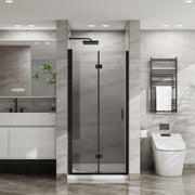 Goodyo 34'x 72' Bifold Frameless Glass Shower Door Combo w/ White Acrylic Shower Base, 1/4 inch Tempered Clear Glass in Black Aluminum Finish, Foldable