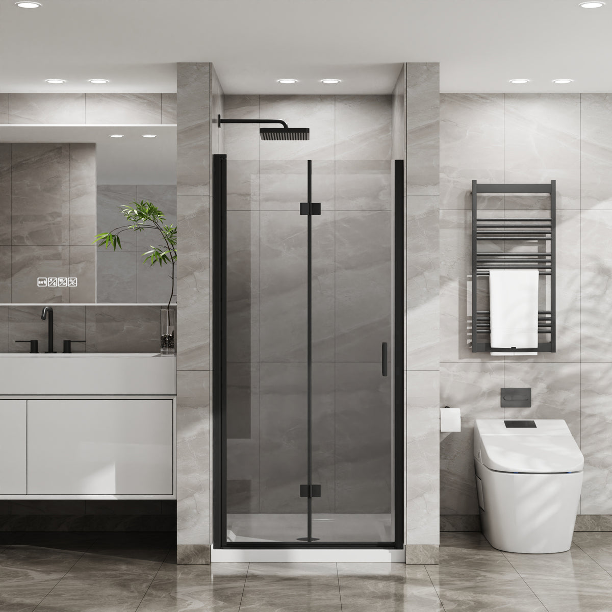 Goodyo 34'x 72' Bifold Frameless Glass Shower Door Combo w/ White Acrylic Shower Base, 1/4 inch Tempered Clear Glass in Black Aluminum Finish, Foldable