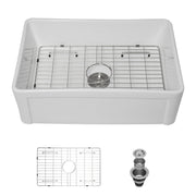 White Farmhouse Sink 30 inch Apron-front Ceramic Reversible Single Bowl Kitchen Sink in White with Stainless Steel Grid and Strainer