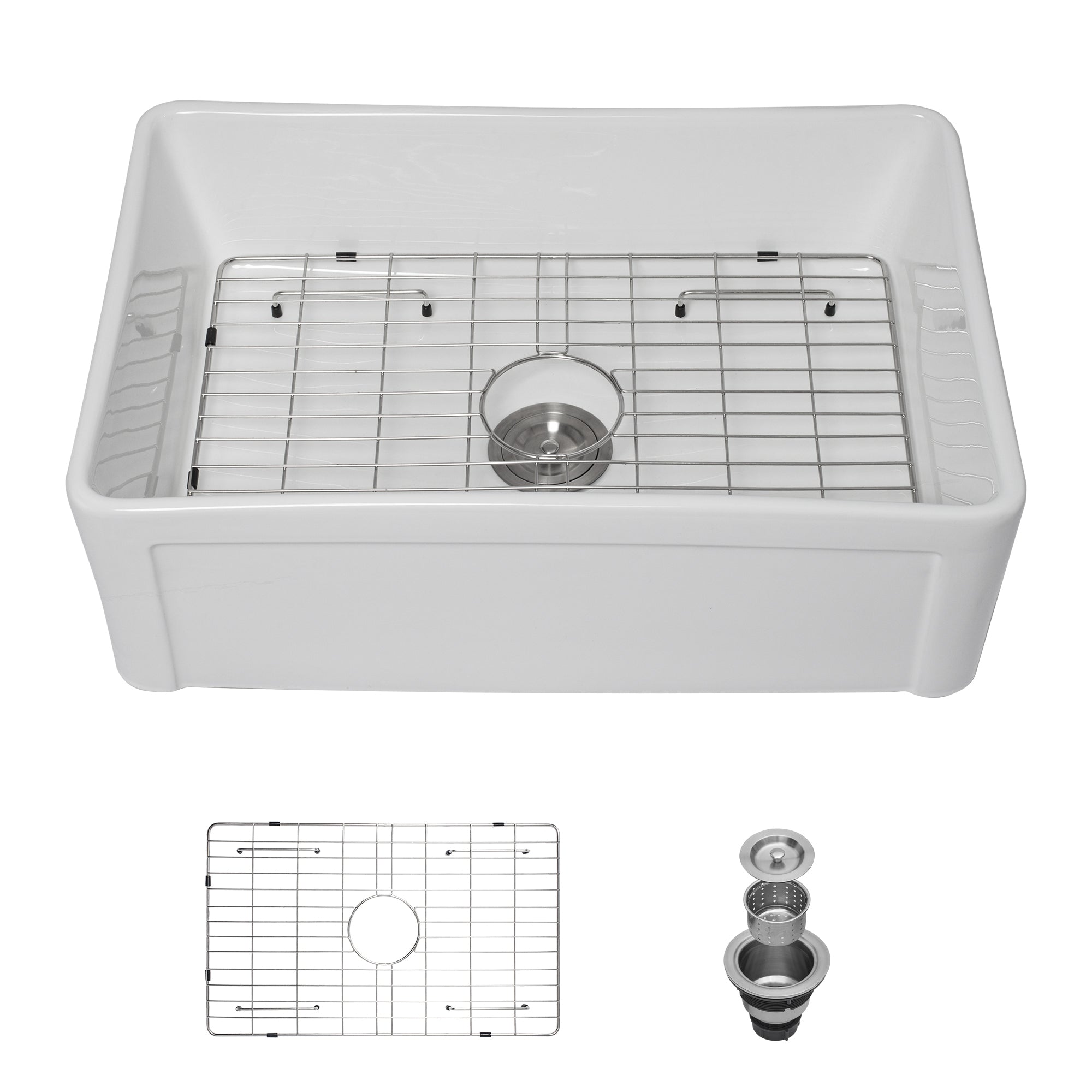 White Farmhouse Sink 30 inch Apron-front Ceramic Reversible Single Bowl Kitchen Sink in White with Stainless Steel Grid and Strainer