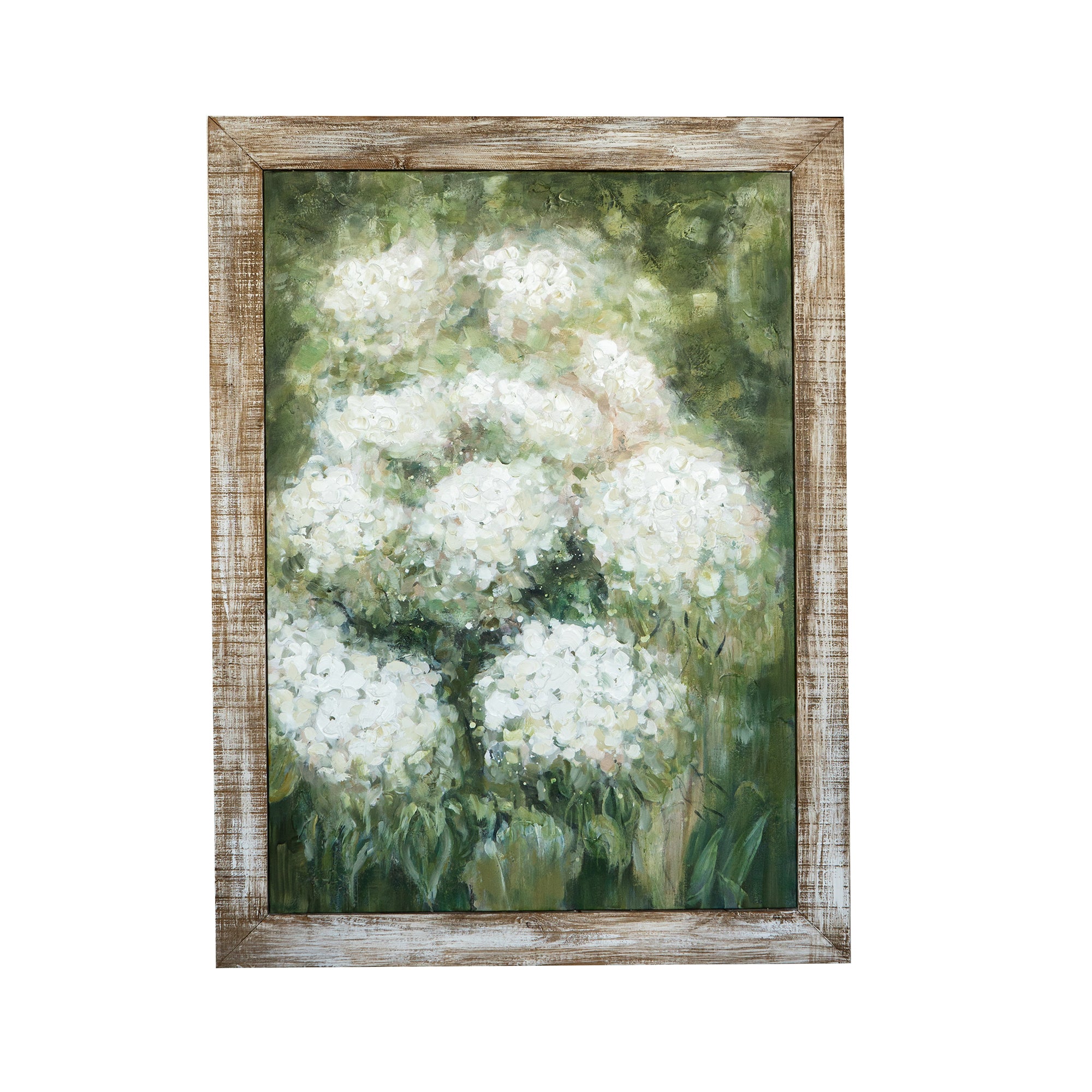 35.4x47.2' Hand-Painted White Allium Art with Green Backdrop and Rustic Fir Wood Frame